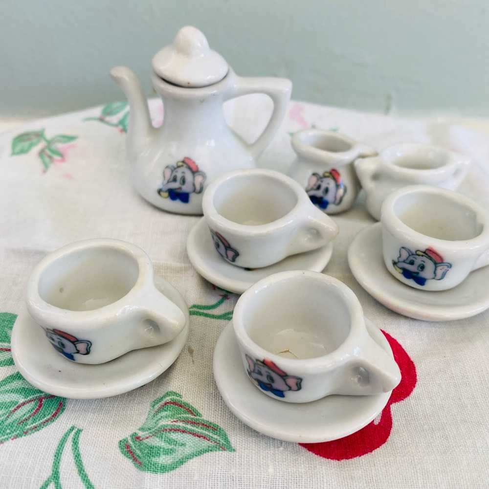 Children’s porcelain tea party set White Miniature Tea Set with Elephant Design